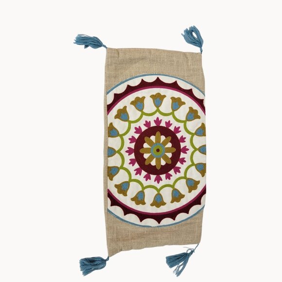 Rectangular Boho Multicolor Mosaic Beige Burlap Blue Tasseled Pillow Sham Cover - Picture 3 of 12